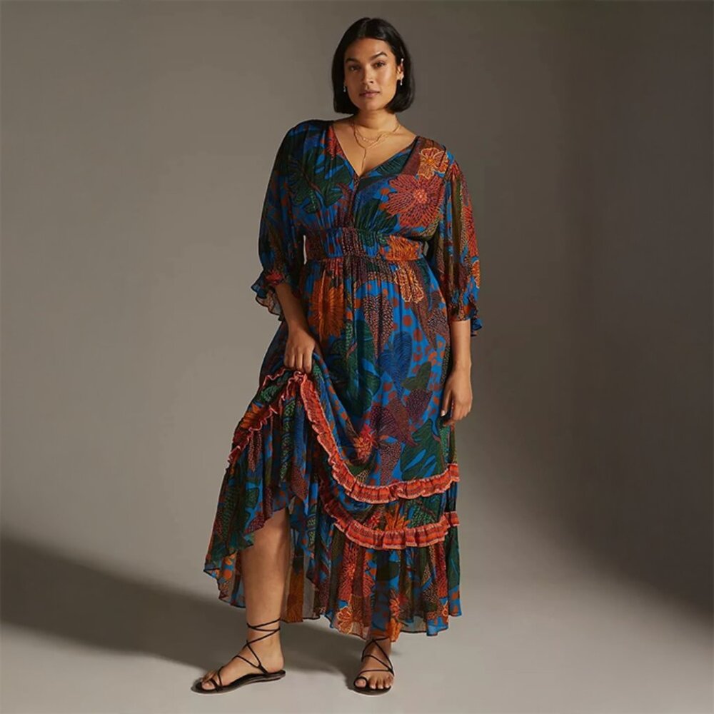 FARM RIO Blue Flower Puff Sleeve Maxi Dress - Size 2X